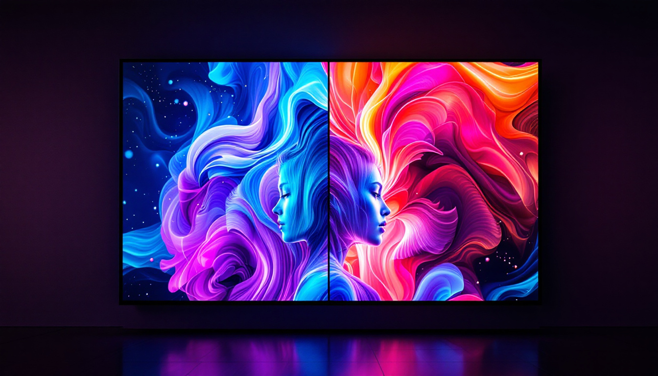 A photograph of a split-screen led display showcasing both a vertical video and its transformed horizontal version