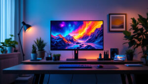 A photograph of a 55-inch led tv set up as a computer monitor in a modern workspace