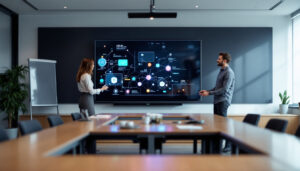 A photograph of a modern classroom or conference room featuring a large led smart board in use