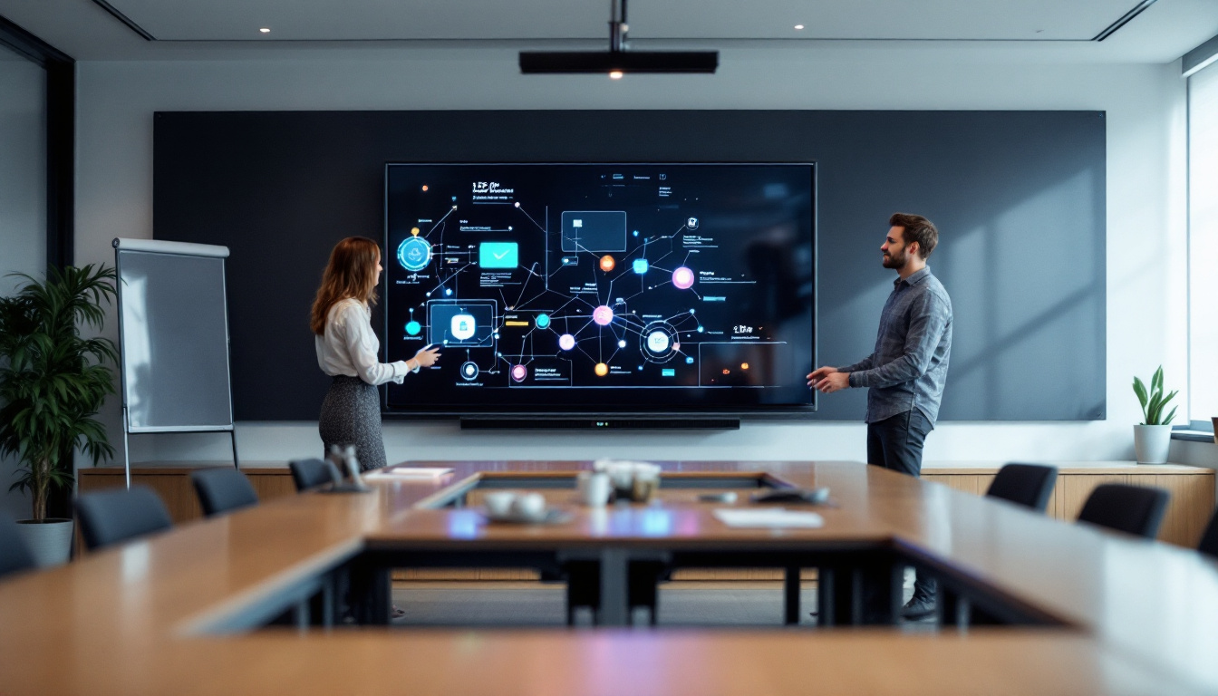 A photograph of a modern classroom or conference room featuring a large led smart board in use