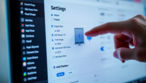 A photograph of a close-up of a computer screen displaying various settings and options for adjusting display size
