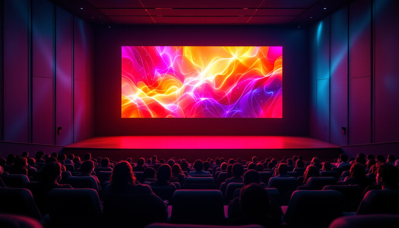 A photograph of capture a photograph of a modern cinema hall showcasing a large led display