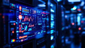 A photograph of a sleek rack mount touch screen with an illuminated led display