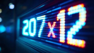 A photograph of a close-up shot of a vibrant led display showing the numbers "207 x 12" in bold