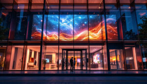 A photograph of a modern building facade featuring a striking led display