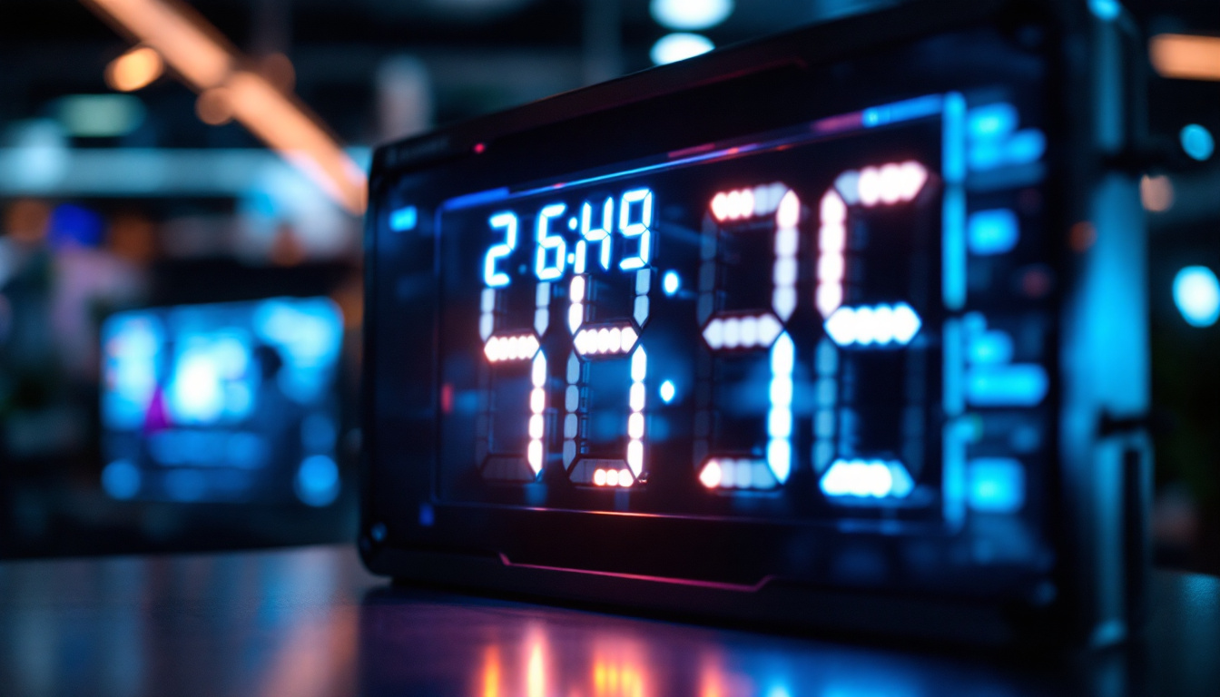 A photograph of capture a photograph of a brightly lit led display showing the operating hours of a proseries product