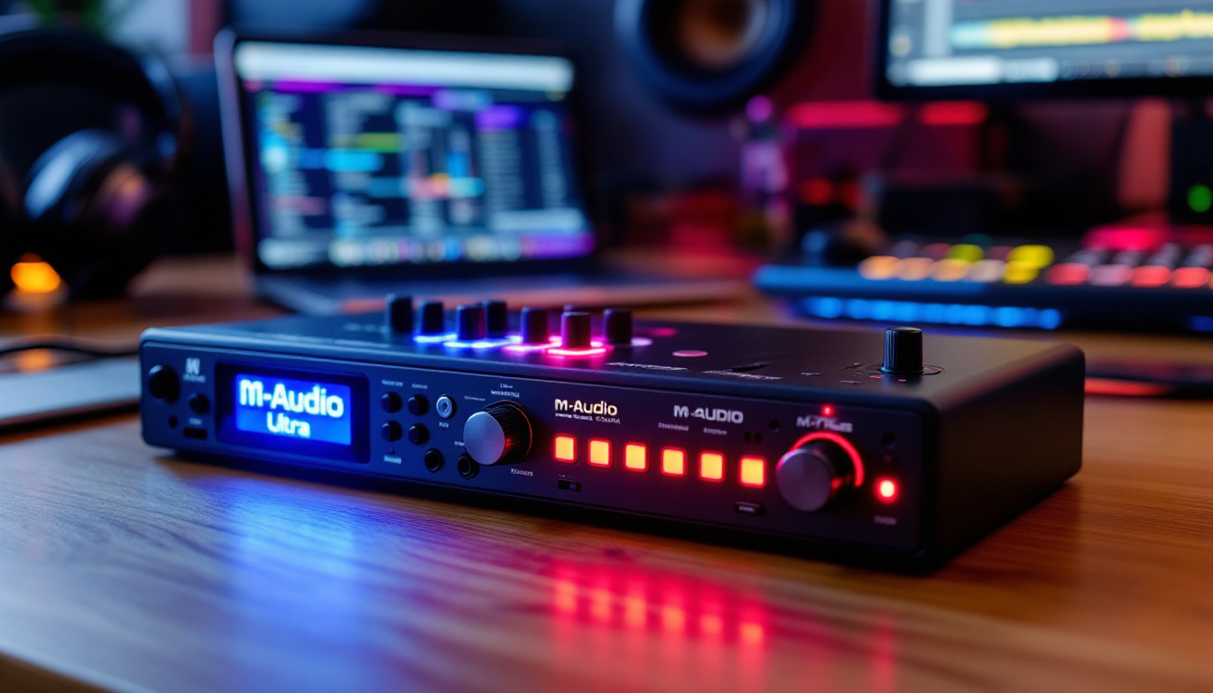 A photograph of the m-audio fast track ultra audio interface prominently displayed on a desk