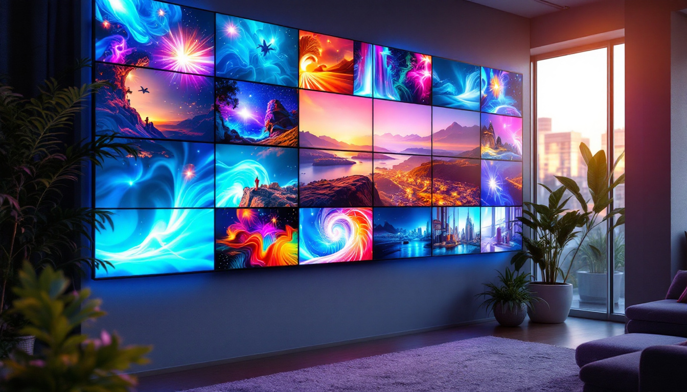 A photograph of a vibrant modular media wall in a modern setting