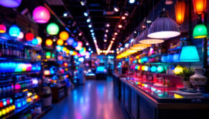 A photograph of a vibrant led display in a well-lit lighting store in beaverton