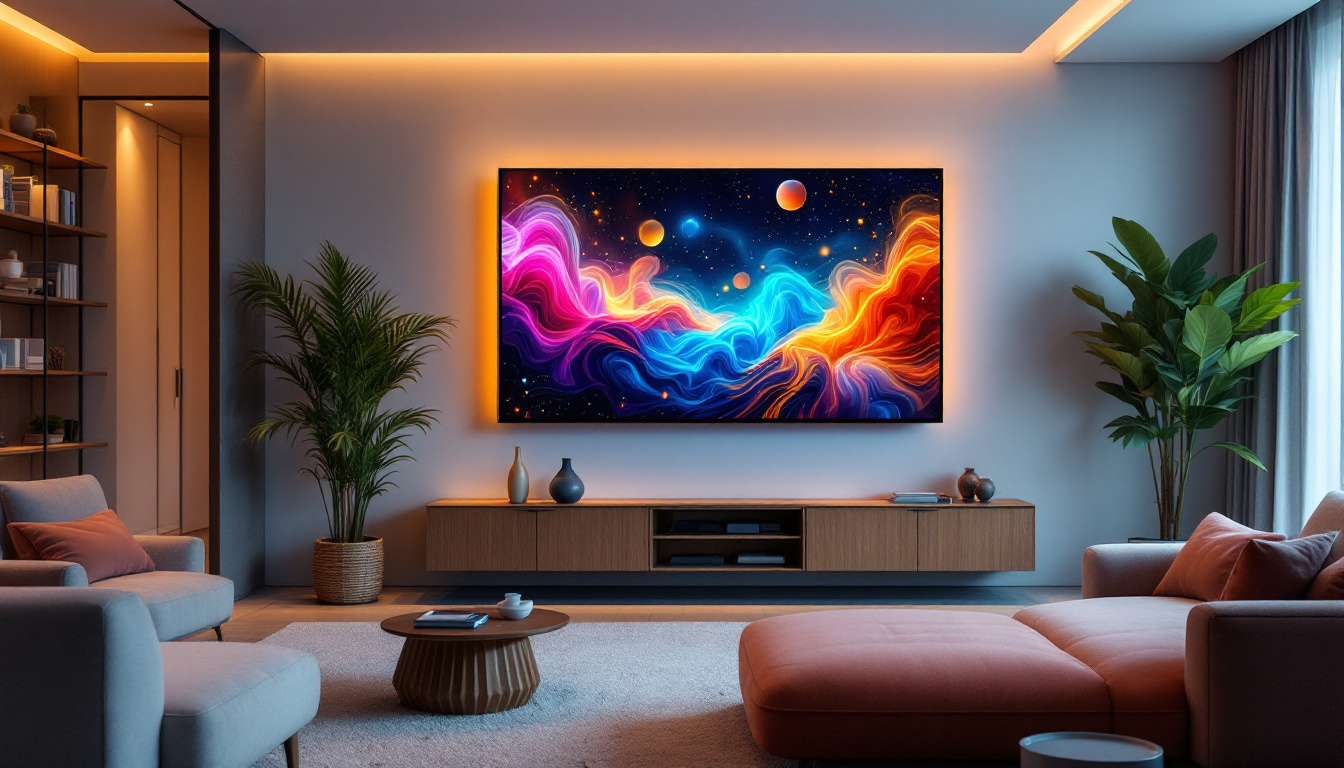 A photograph of a modern living room featuring a sleek led wall tv