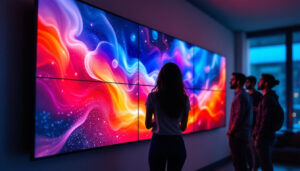 A photograph of capture a photograph of a vibrant multi-monitor video wall displaying dynamic visuals