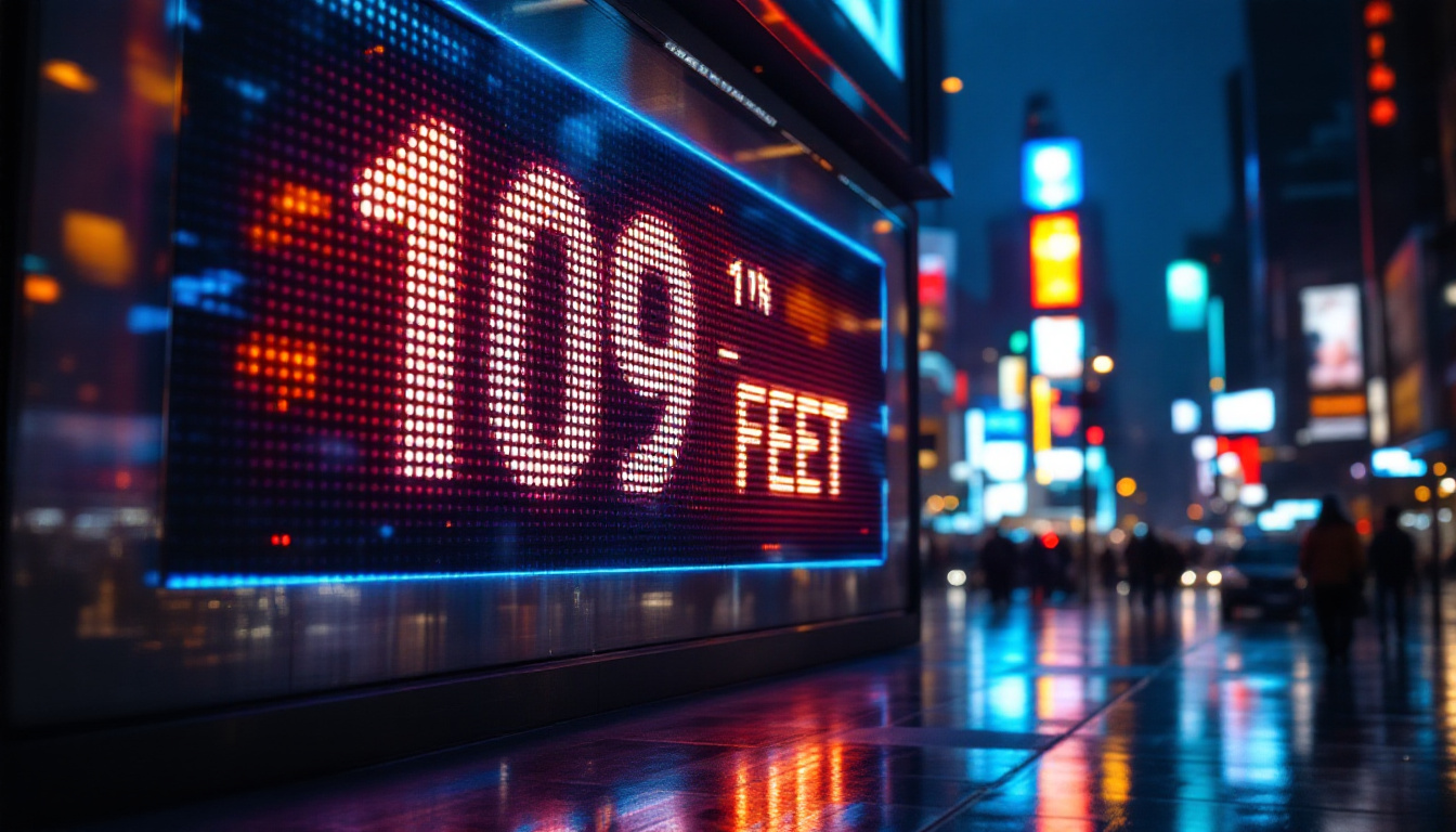 A photograph of a vibrant led display showcasing a clear measurement conversion from 109 inches to feet