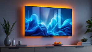 A photograph of a sleek 32-inch led tv mounted on a stylish wall