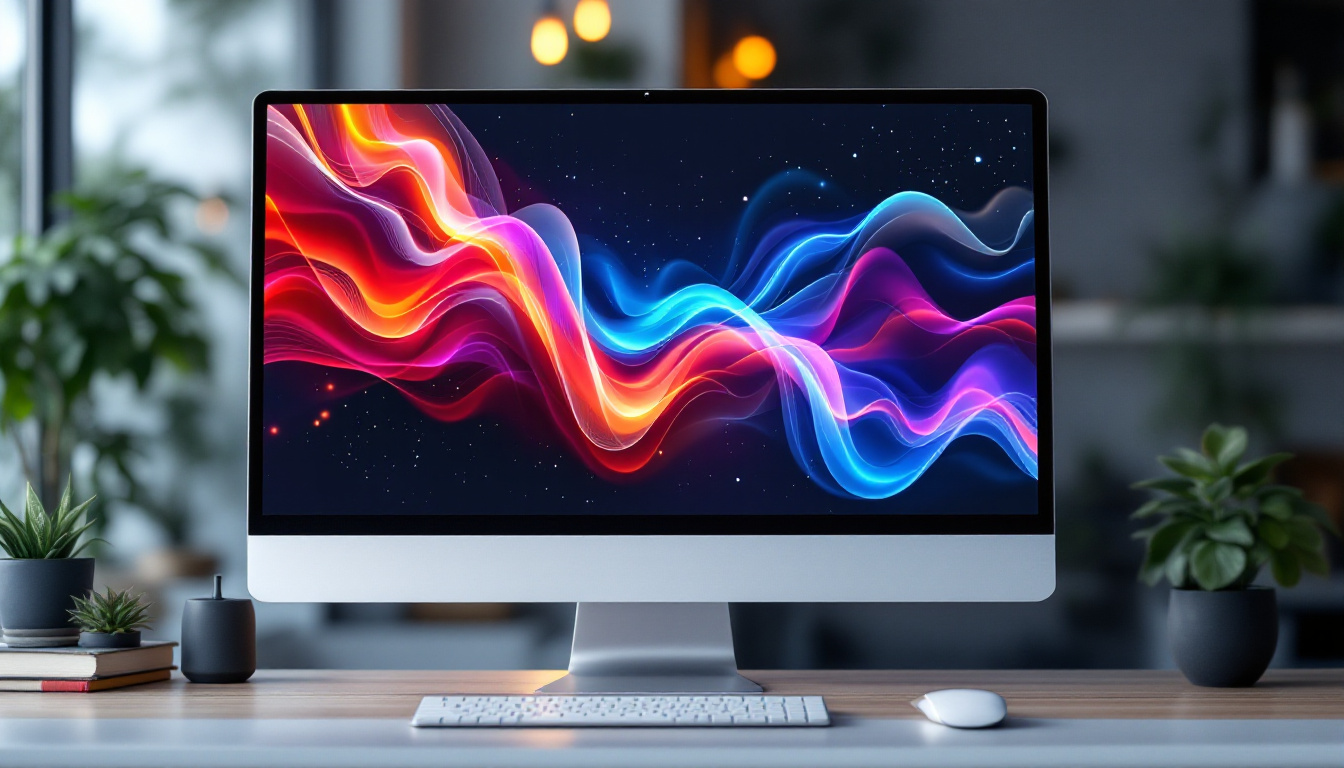 A photograph of a sleek touch screen computer monitor displaying vibrant graphics