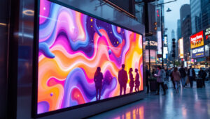 A photograph of a vibrant lcd signage display in a bustling urban environment