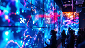 A photograph of a vibrant video wall showcasing a dynamic led display in an engaging environment