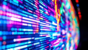 A photograph of a close-up shot of a vibrant led display showcasing dynamic colors and patterns