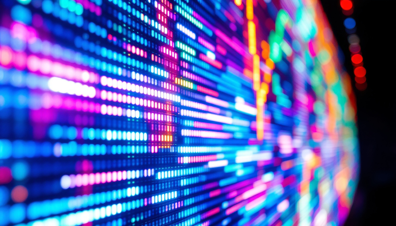 A photograph of a close-up shot of a vibrant led display showcasing dynamic colors and patterns