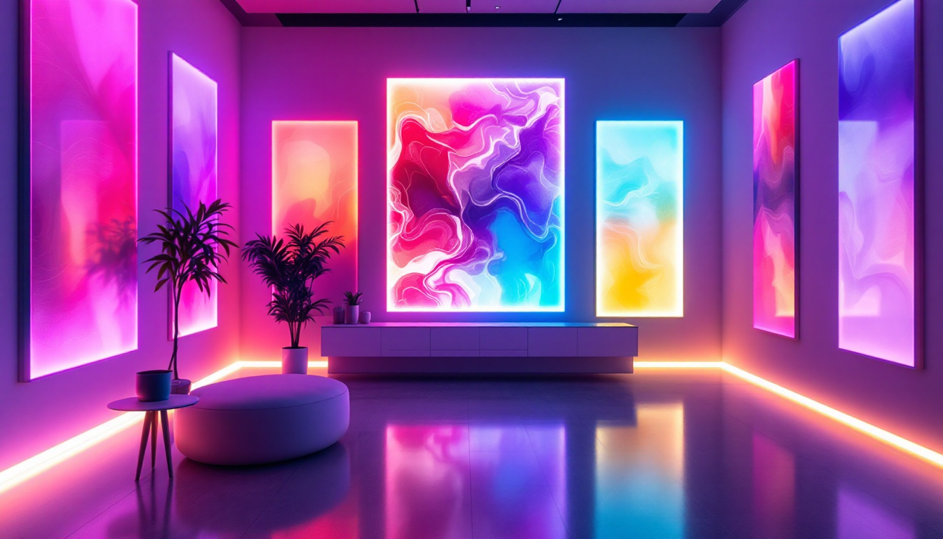 A photograph of a stylish interior space featuring vibrant wall light panels in action