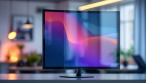 A photograph of a sleek led display screen partially covered with a privacy film