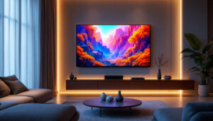 A photograph of a sleek 110-inch led tv prominently displayed in a modern living room setting
