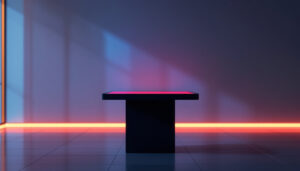 A photograph of a sleek black display pedestal showcasing a vibrant led display
