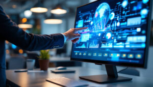 A photograph of a sleek business touch screen monitor in an office setting