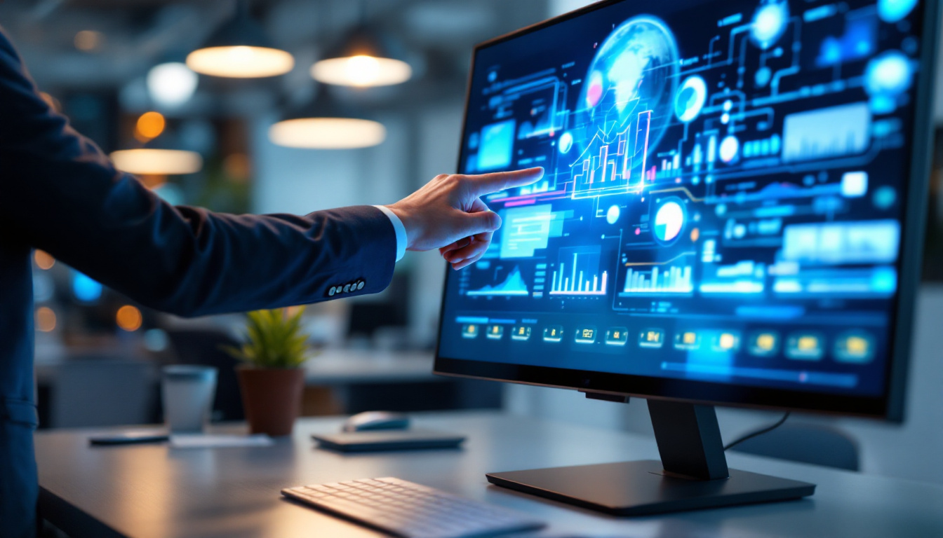 A photograph of a sleek business touch screen monitor in an office setting