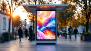 A photograph of a vibrant outdoor cabinet equipped with a bright led display