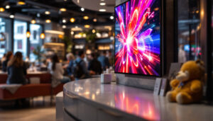 A photograph of a vibrant retail environment showcasing an led digital signage display