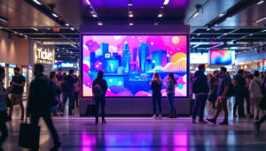 A photograph of a vibrant ticket frame display in a bustling environment