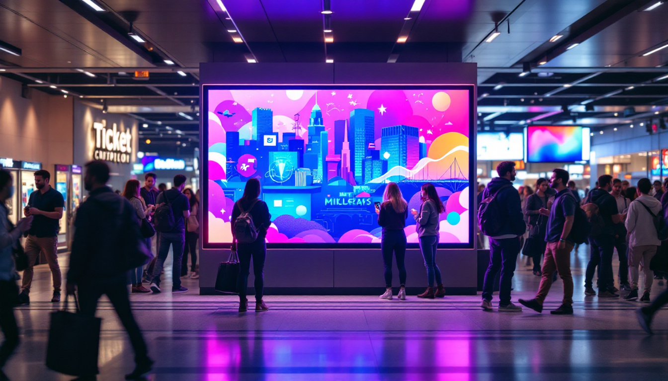 A photograph of a vibrant ticket frame display in a bustling environment