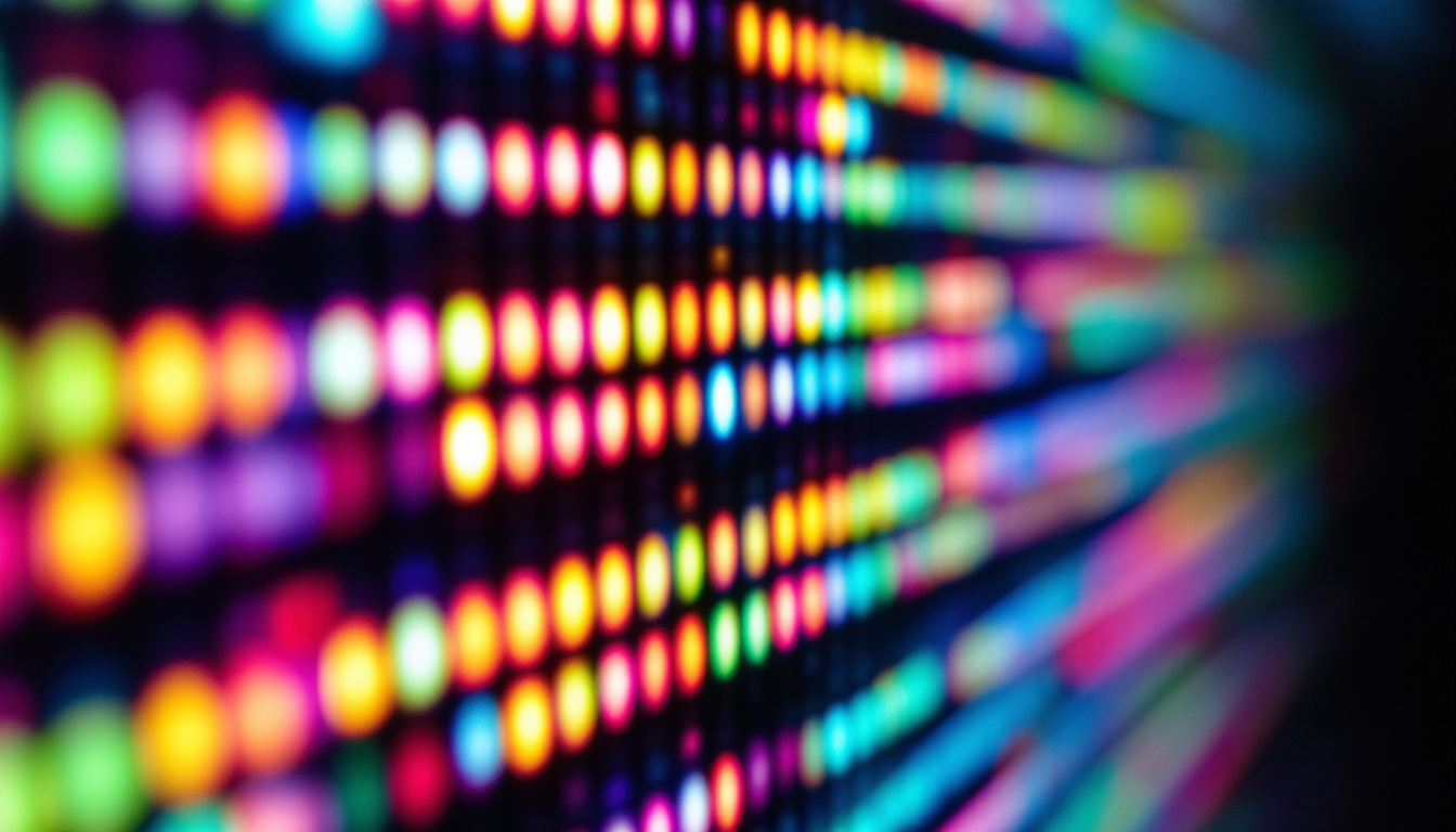 A photograph of a close-up shot of a vibrant led display showcasing intricate millimeter details