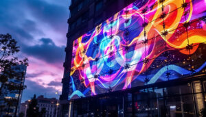 A photograph of a vibrant led display showcasing dynamic colors and patterns