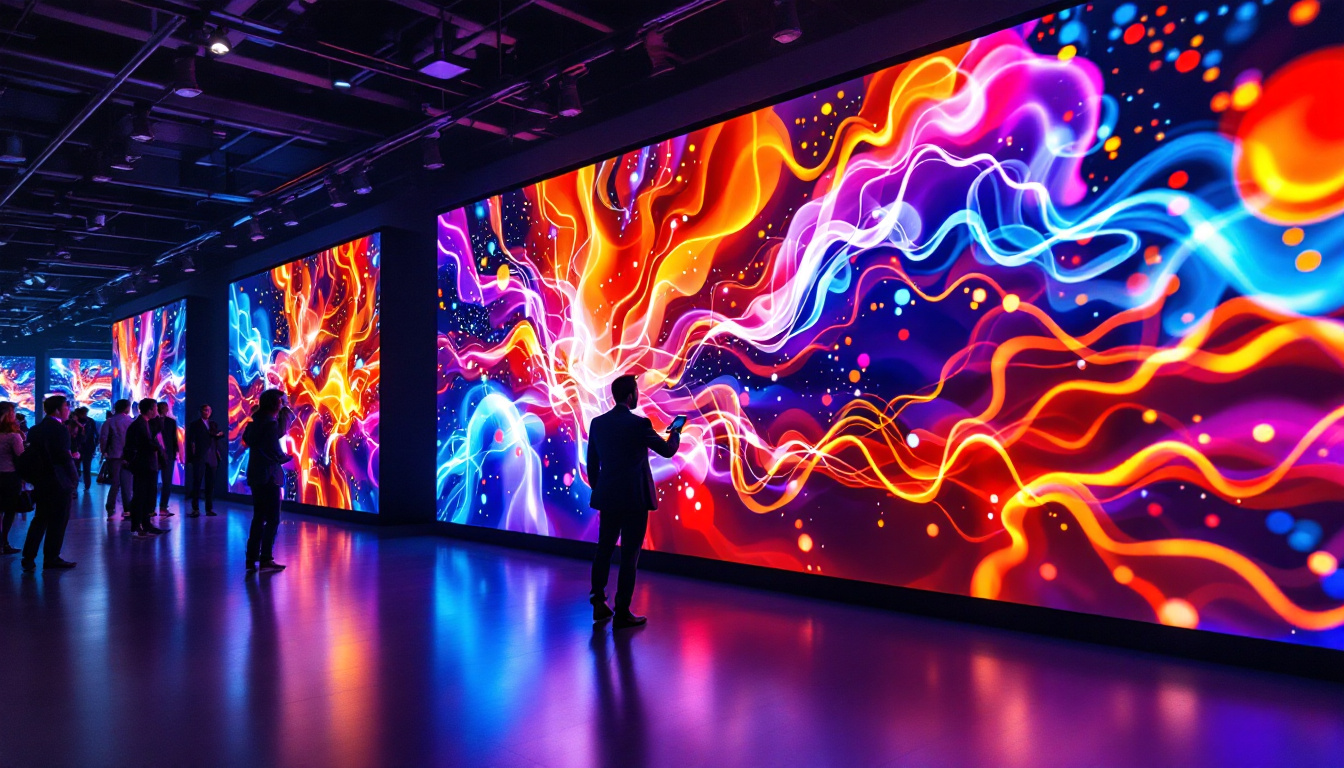 A photograph of a vibrant showroom display featuring an led screen showcasing dynamic visuals