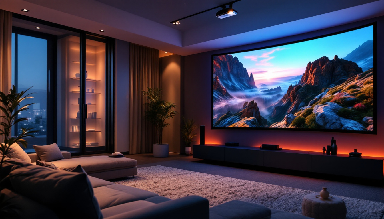 A photograph of a curved screen projector in a modern home theater setting