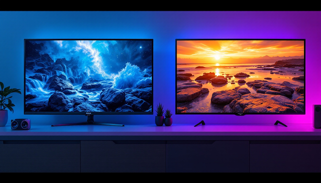 A photograph of a side-by-side comparison of an lcd tv and a plasma tv displaying vibrant images