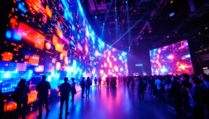 A photograph of a vibrant led display in action at a lively event