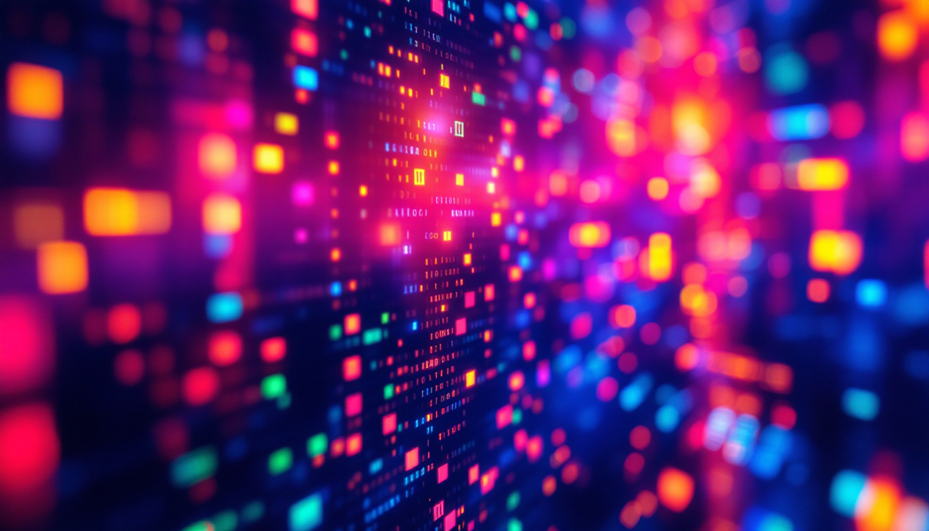A photograph of a close-up view of a computer monitor displaying vibrant colors and intricate pixel patterns