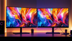 A photograph of a side-by-side comparison of two led displays showcasing the differences in resolution and color vibrancy between displayport 1.4 and 1.2