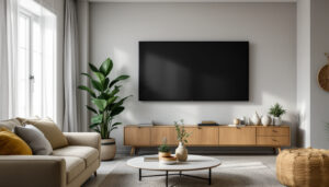 A photograph of a stylish living room corner featuring a 55-inch led tv mounted on the wall