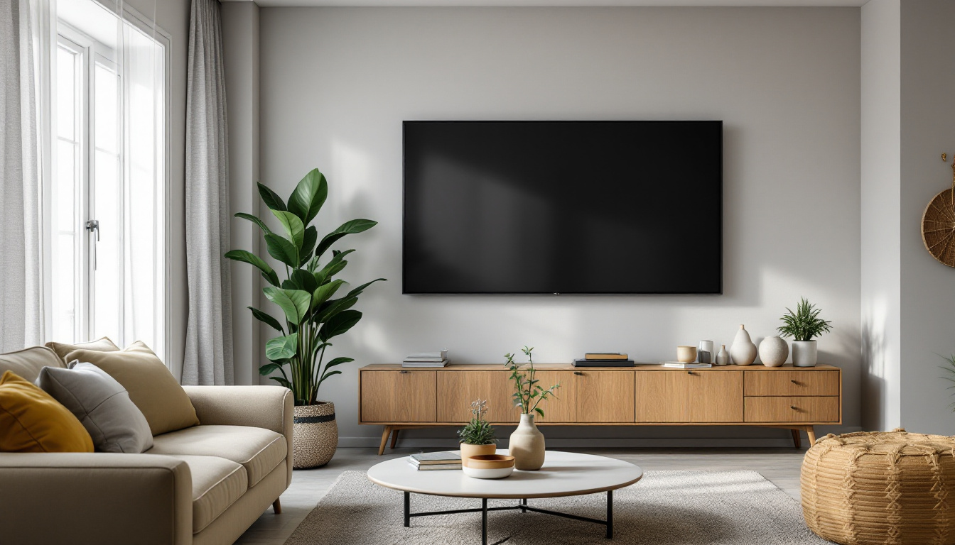A photograph of a stylish living room corner featuring a 55-inch led tv mounted on the wall