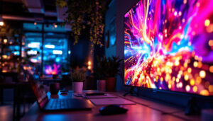 A photograph of capture a photograph of a well-lit indoor scene featuring a vibrant led display