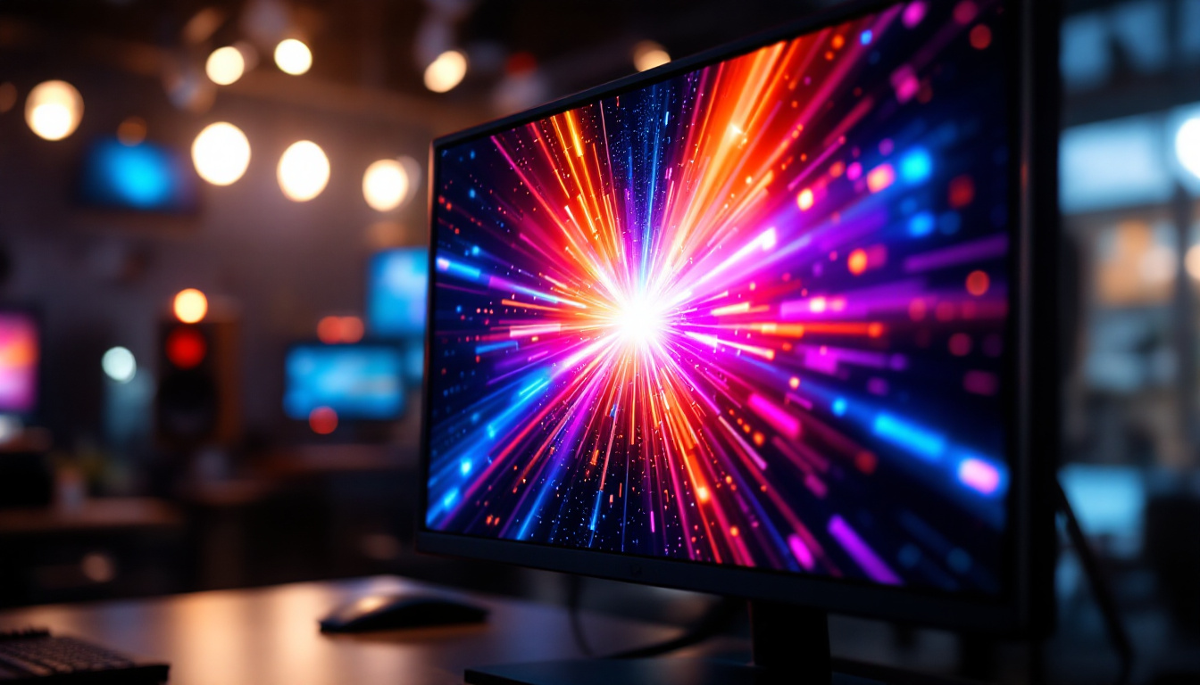 A photograph of a broadcast monitor showcasing vibrant led displays in a studio setting