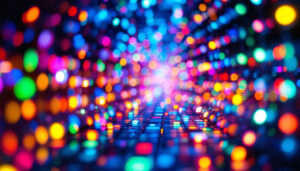 A photograph of a vibrant led display showcasing colorful light patterns and crystal-like reflections