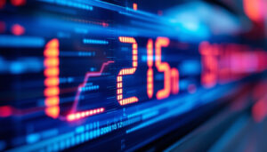 A photograph of a close-up shot of a digital led display showing a measurement conversion from 1.2 meters to inches