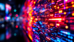 A photograph of a vibrant led display showcasing a dynamic visual or graphic