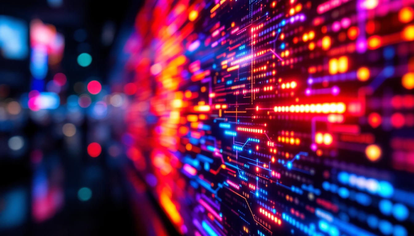 A photograph of a vibrant led display showcasing a dynamic visual or graphic