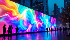A photograph of a vibrant led screen wall in an urban setting