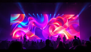 A photograph of a vibrant led display showcasing dynamic colors and graphics